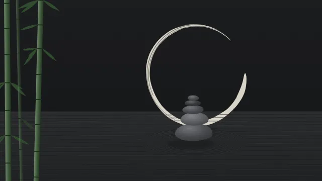 Fond d'écran jardin zen : galets empilés, sable ratissé, cercle ensō tracé au pinceau et bambous, teintes encre