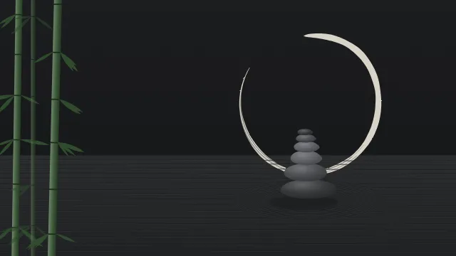 Fond d'écran jardin zen : galets empilés, sable ratissé, cercle ensō tracé au pinceau et bambous, teintes encre