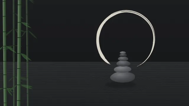 Fond d'écran jardin zen : galets empilés, sable ratissé, cercle ensō tracé au pinceau et bambous, teintes encre