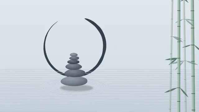 Fond d'écran jardin zen : galets empilés, sable ratissé, cercle ensō tracé au pinceau et bambous, teintes brume