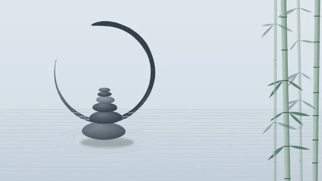 Fond d'écran jardin zen : galets empilés, sable ratissé, cercle ensō tracé au pinceau et bambous, teintes brume