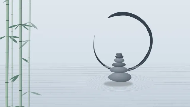 Fond d'écran jardin zen : galets empilés, sable ratissé, cercle ensō tracé au pinceau et bambous, teintes brume