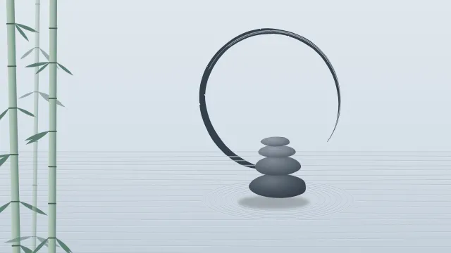 Fond d'écran jardin zen : galets empilés, sable ratissé, cercle ensō tracé au pinceau et bambous, teintes brume
