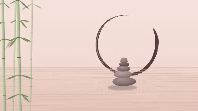 Fond d'écran jardin zen : galets empilés, sable ratissé, cercle ensō tracé au pinceau et bambous, teintes aube