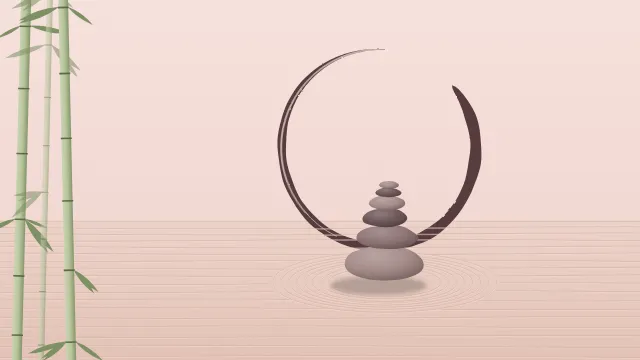 Fond d'écran jardin zen : galets empilés, sable ratissé, cercle ensō tracé au pinceau et bambous, teintes aube