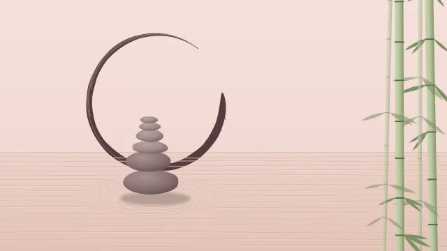 Fond d'écran jardin zen : galets empilés, sable ratissé, cercle ensō tracé au pinceau et bambous, teintes aube