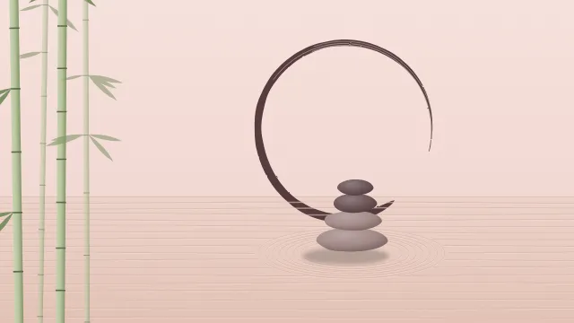Fond d'écran jardin zen : galets empilés, sable ratissé, cercle ensō tracé au pinceau et bambous, teintes aube
